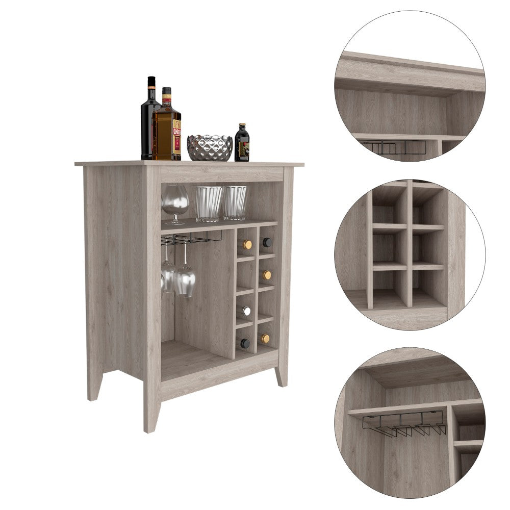 Bar Cabinet Castle, One Open Shelf, Six Wine Cubbies, Light Gray Finish