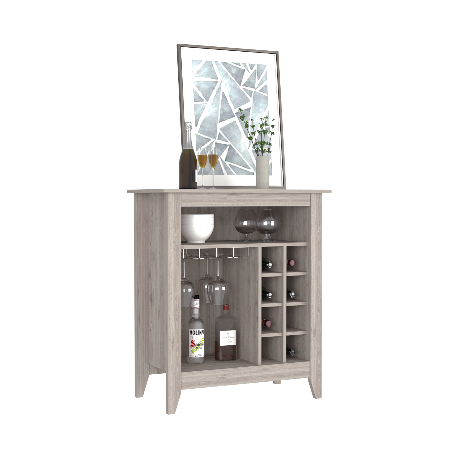 Bar Cabinet Castle, One Open Shelf, Six Wine Cubbies, Light Gray Finish