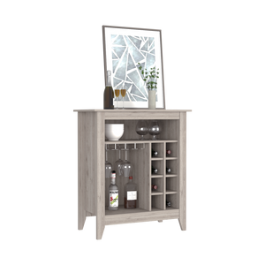 Bar Cabinet Castle, One Open Shelf, Six Wine Cubbies, Light Gray Finish