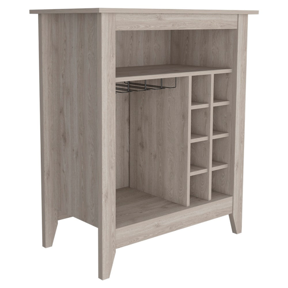 Bar Cabinet Castle, One Open Shelf, Six Wine Cubbies, Light Gray Finish