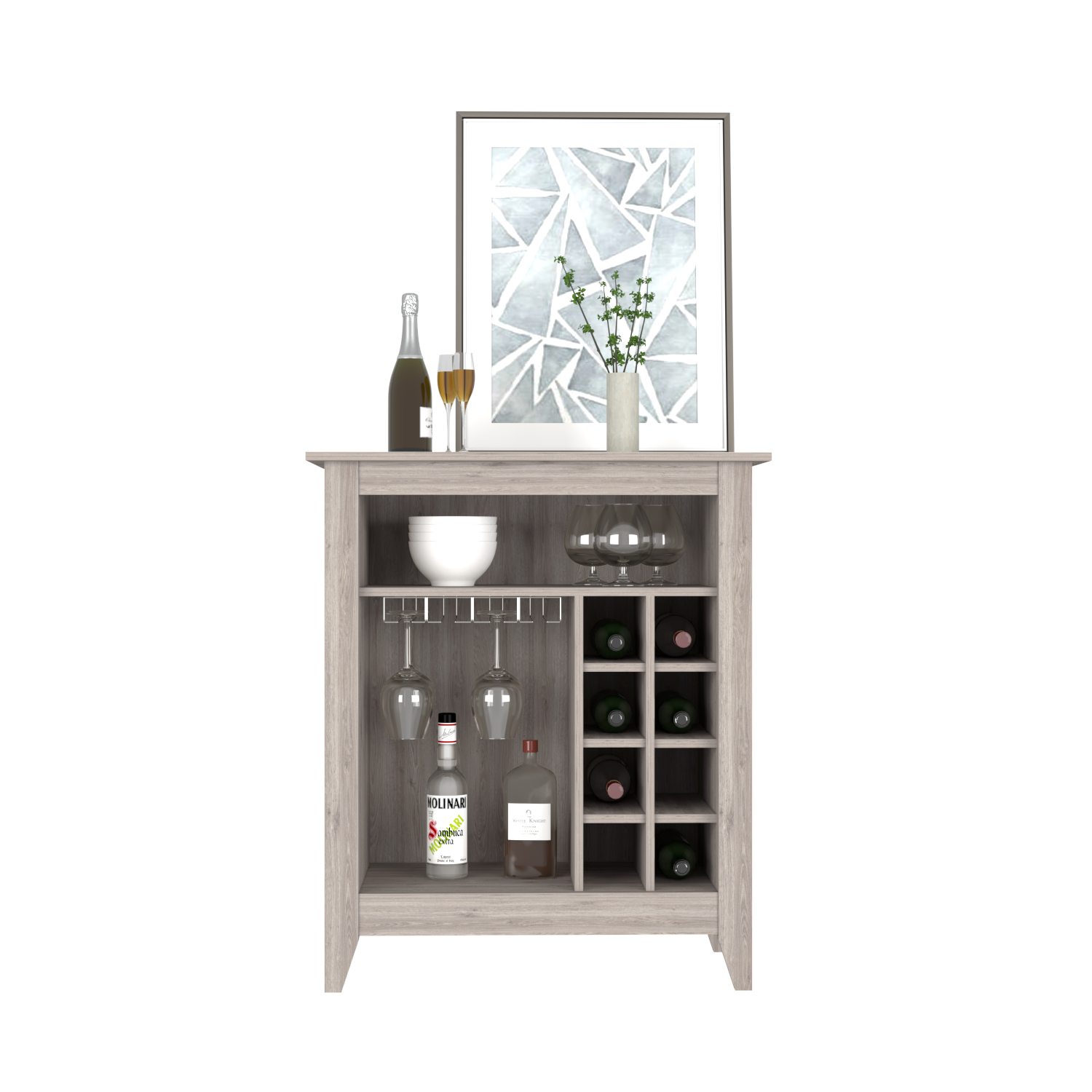 Bar Cabinet Castle, One Open Shelf, Six Wine Cubbies, Light Gray Finish