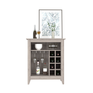 Bar Cabinet Castle, One Open Shelf, Six Wine Cubbies, Light Gray Finish