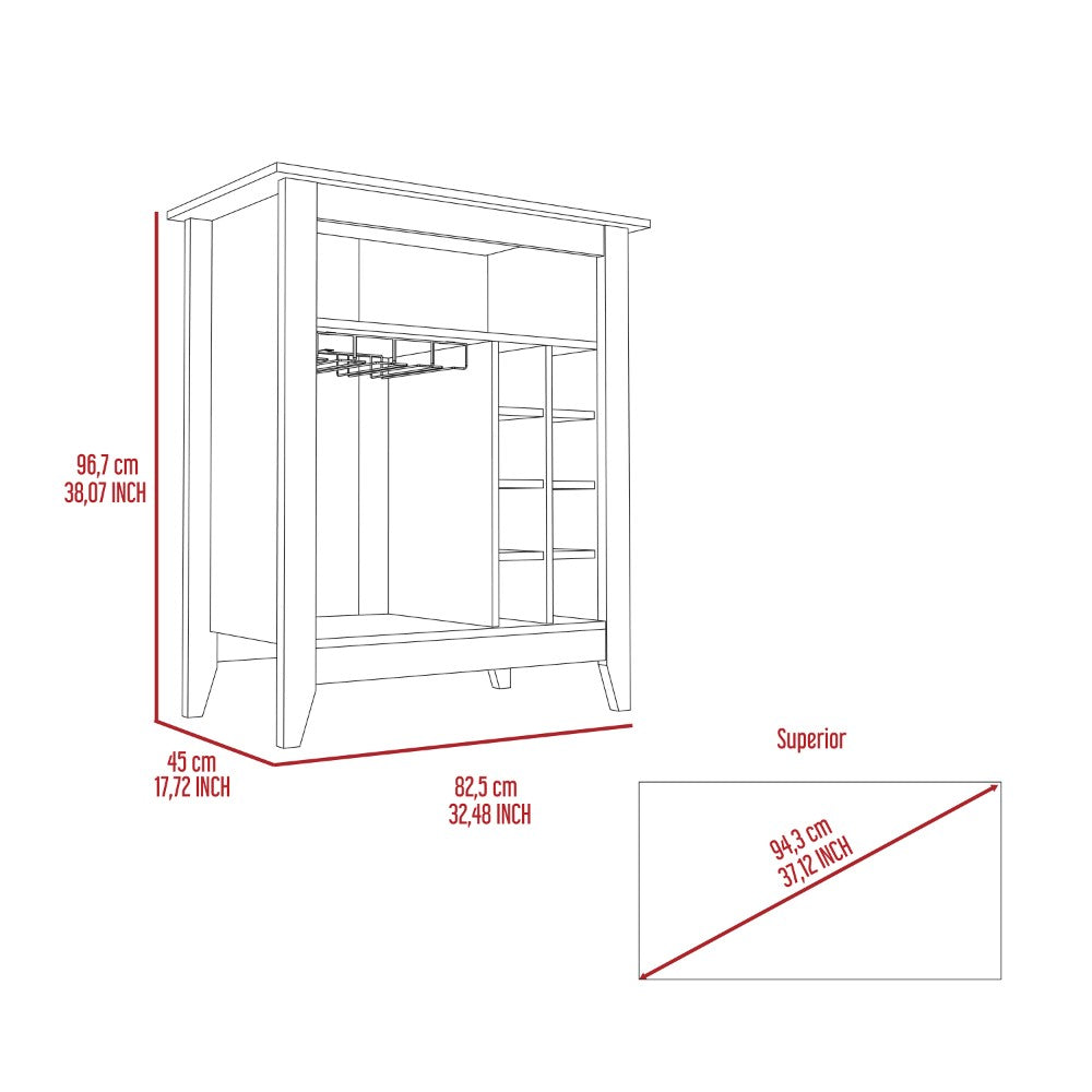 Bar Cabinet Castle, One Open Shelf, Six Wine Cubbies, Light Gray Finish