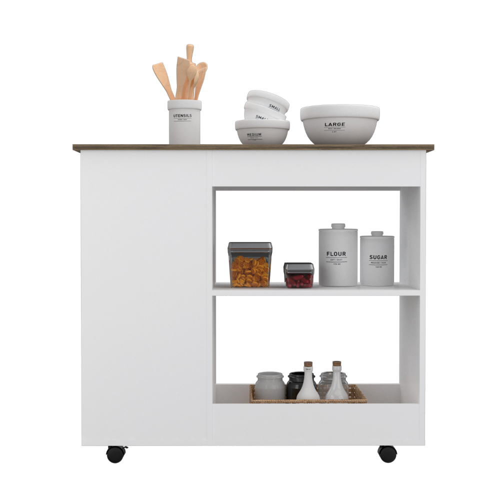 Kitchen Cart Kamizaze, Two Storage Shelves, Four Casters, Three Side Shelves, White / Dark Brown Finish