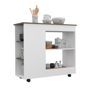 Kitchen Cart Kamizaze, Two Storage Shelves, Four Casters, Three Side Shelves, White / Dark Brown Finish