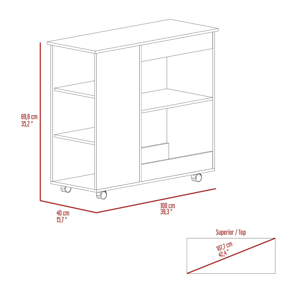 Kitchen Cart Kamizaze, Two Storage Shelves, Four Casters, Three Side Shelves, White / Dark Brown Finish