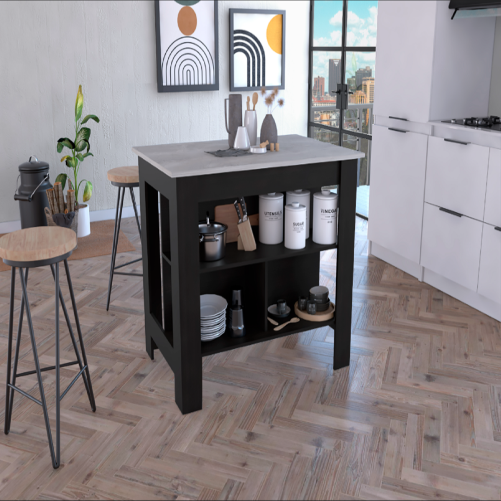 Kitchen Island Dozza, Kitchen, Black / Ibiza Marble Color Finish