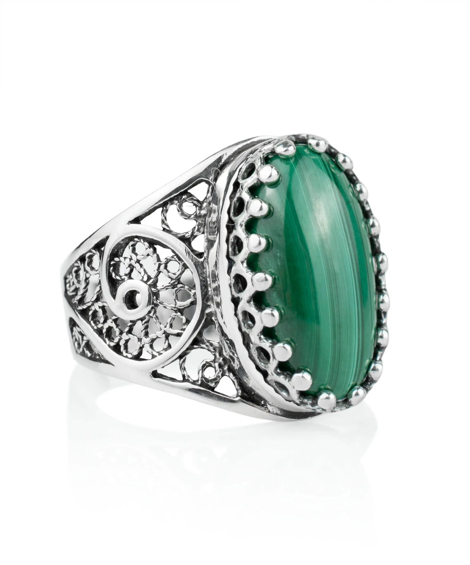 Sterling Silver Filigree Art Malachite Gemstone Oval Cocktail Ring