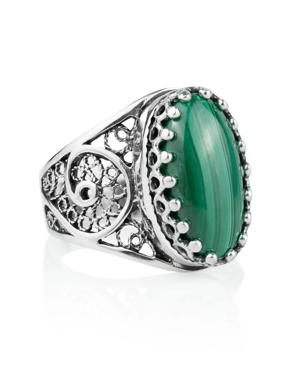 Sterling Silver Filigree Art Malachite Gemstone Oval Cocktail Ring