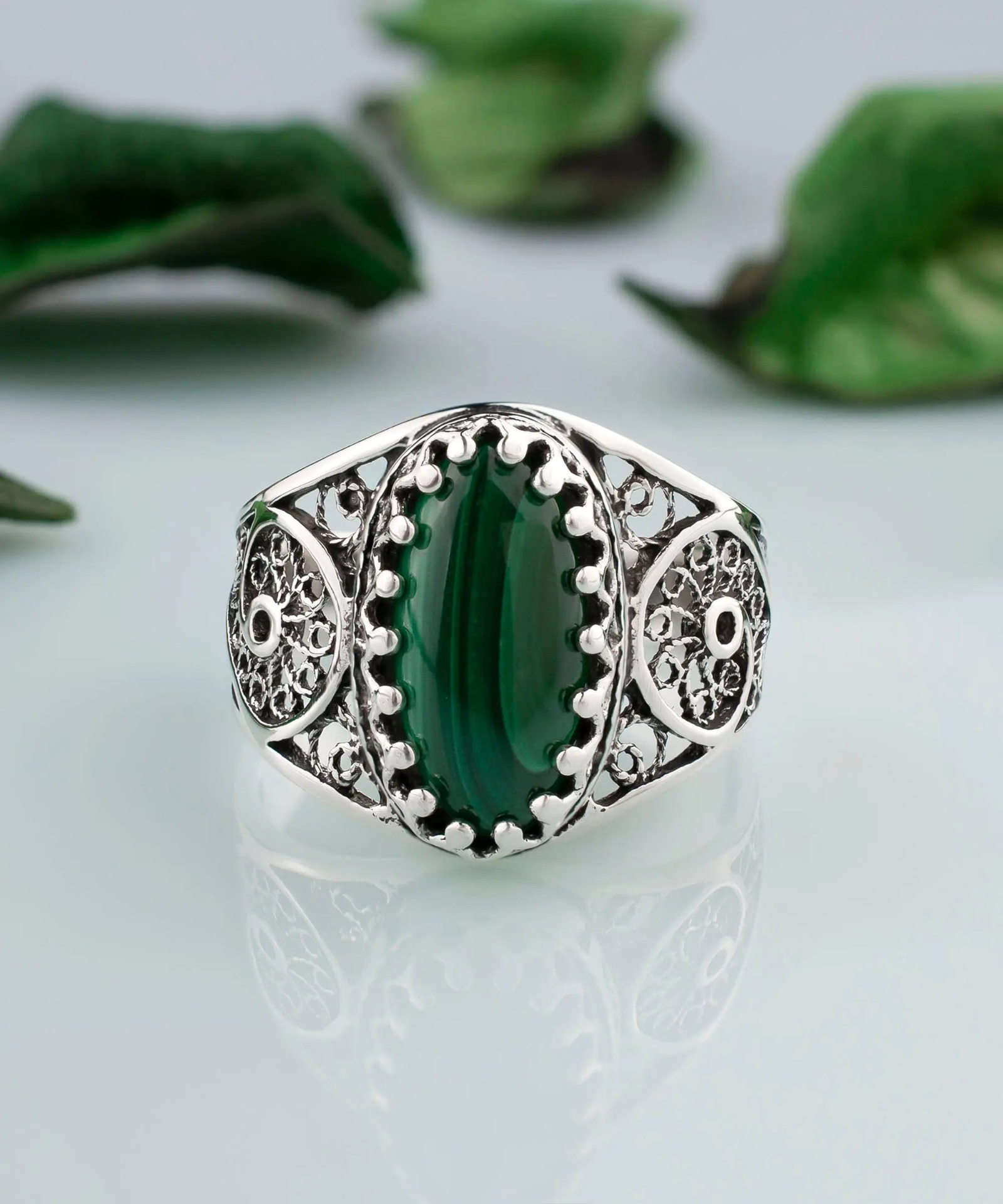 Sterling Silver Filigree Art Malachite Gemstone Oval Cocktail Ring