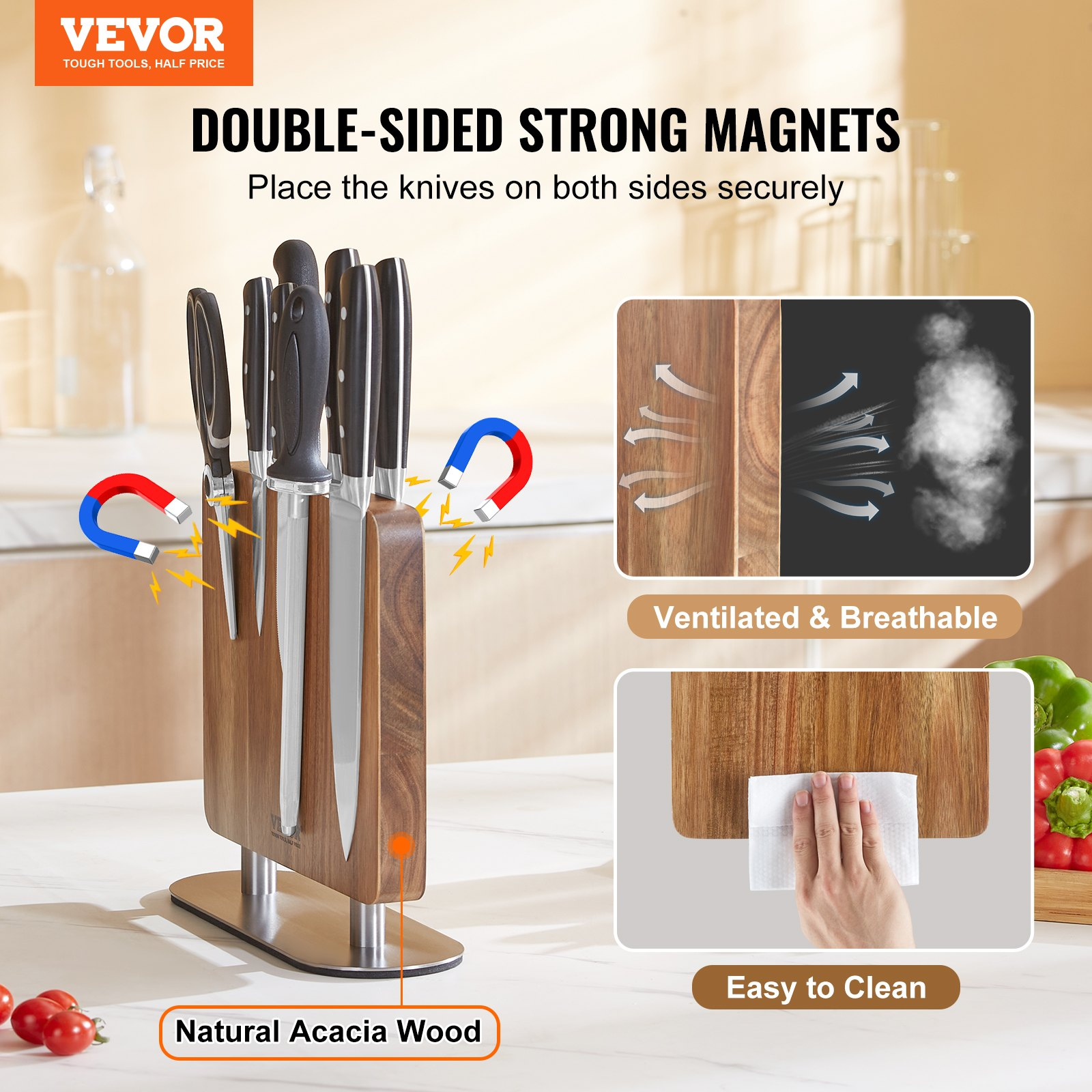 VEVOR Magnetic Knife Block, 10 inch Home Kitchen Knife Holder, Double Sided Magnetic Knife Stand, Multifunctional Storage Acacia Wood Knives Rack, Cutlery Display Organizer for Knives, Utensils, Tools