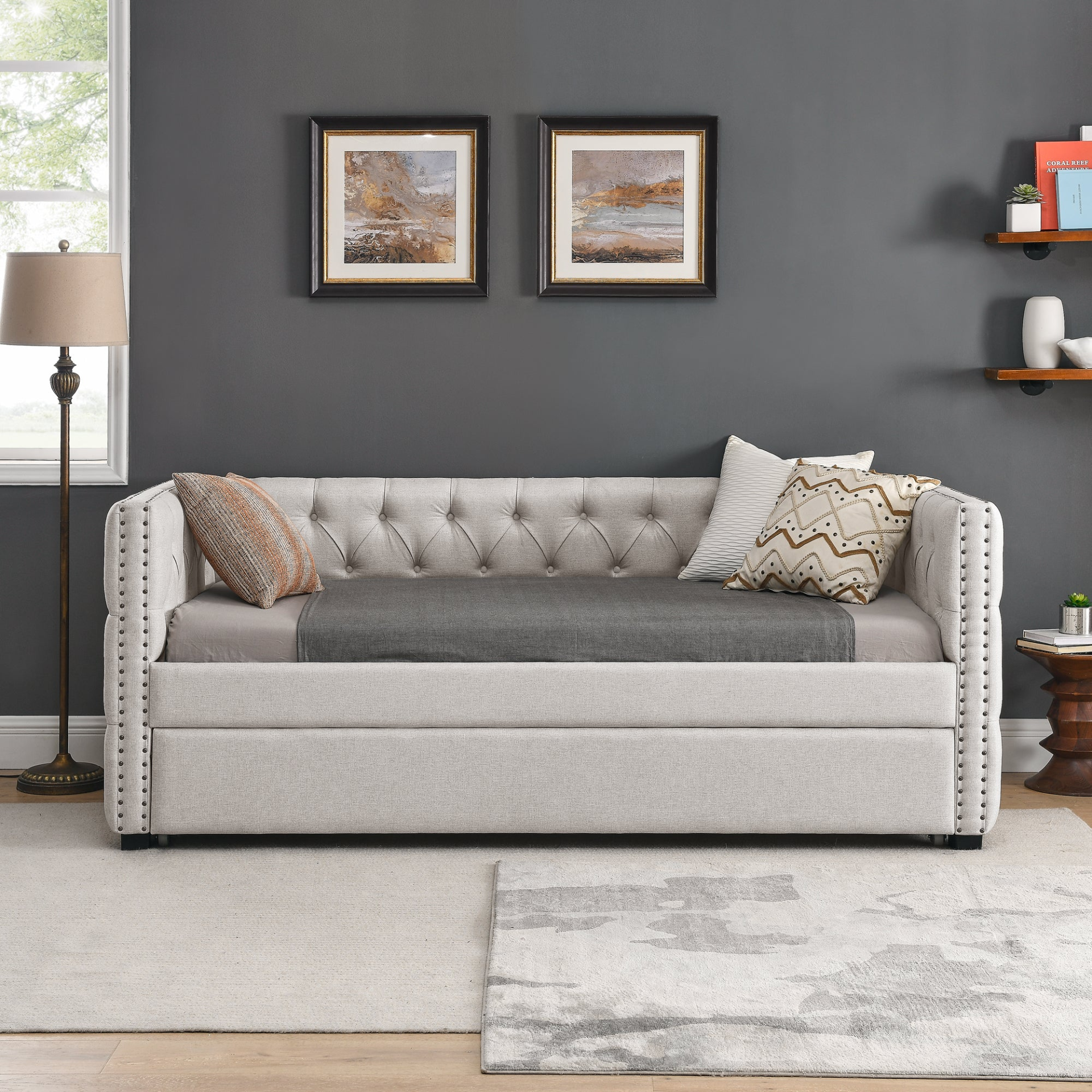 Daybed with Trundle Upholstered Tufted Sofa Bed, with Button and Copper Nail on Square Arms,both Twin Size, Beige(85"x42.5"x31.5")