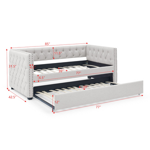 Daybed with Trundle Upholstered Tufted Sofa Bed, with Button and Copper Nail on Square Arms,both Twin Size, Beige(85"x42.5"x31.5")