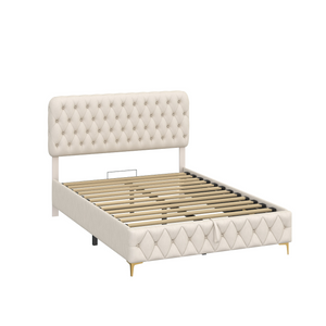 Queen Platform Bed Frame With pneumatic hydraulic function, Velvet Upholstered Bed with Deep Tufted Buttons, Lift up storage bed With Hidden Underbed Oversized Storage, BEIGE