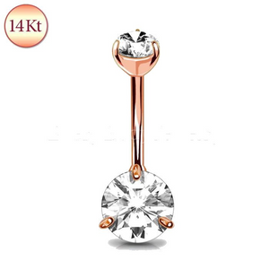 14Kt Rose Gold Navel Ring with Prong Set Clear Round CZ