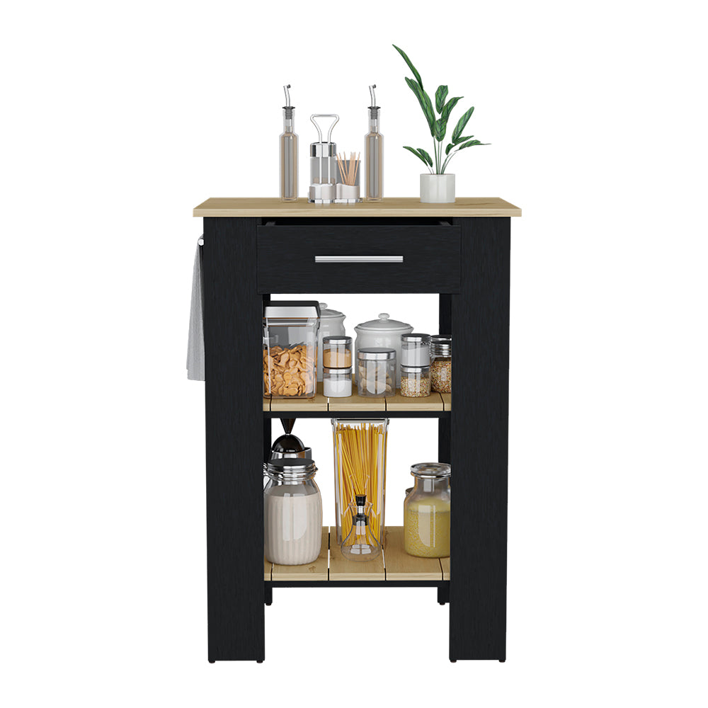 Kitchen Island 23 Inches Dozza with Single Drawer and Two-Tier Shelves, Black Wengue / Light Oak Finish