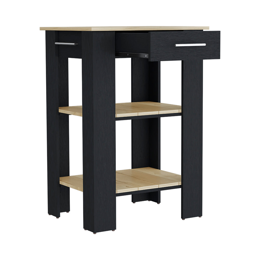 Kitchen Island 23 Inches Dozza with Single Drawer and Two-Tier Shelves, Black Wengue / Light Oak Finish