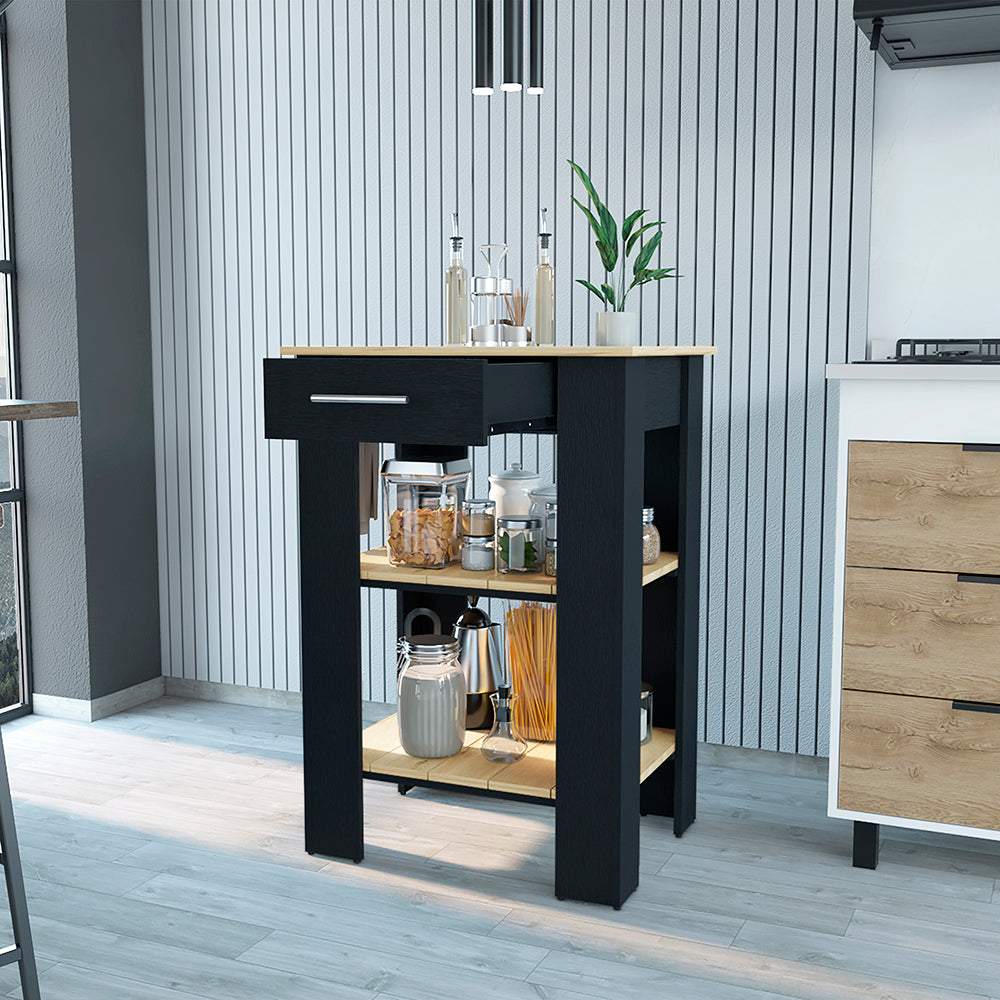 Kitchen Island 23 Inches Dozza with Single Drawer and Two-Tier Shelves, Black Wengue / Light Oak Finish