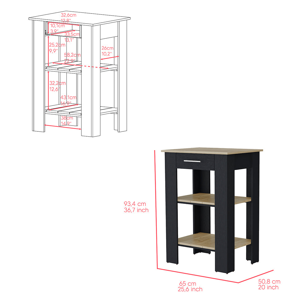 Kitchen Island 23 Inches Dozza with Single Drawer and Two-Tier Shelves, Black Wengue / Light Oak Finish