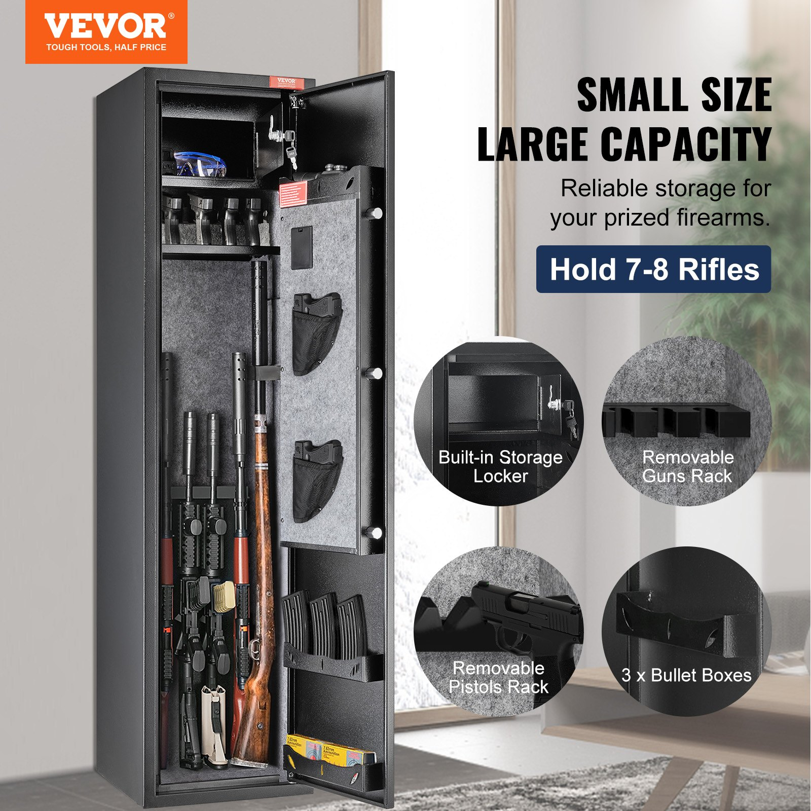 VEVOR 6 Rifles Gun Safe, Rifle Safe with Fingerprint & Digital Keypad Lock, Gun Storage Cabinet for Shotguns with Built-in Storage Locker, Removable Storage Shelf for Home Long Gun and Pistols