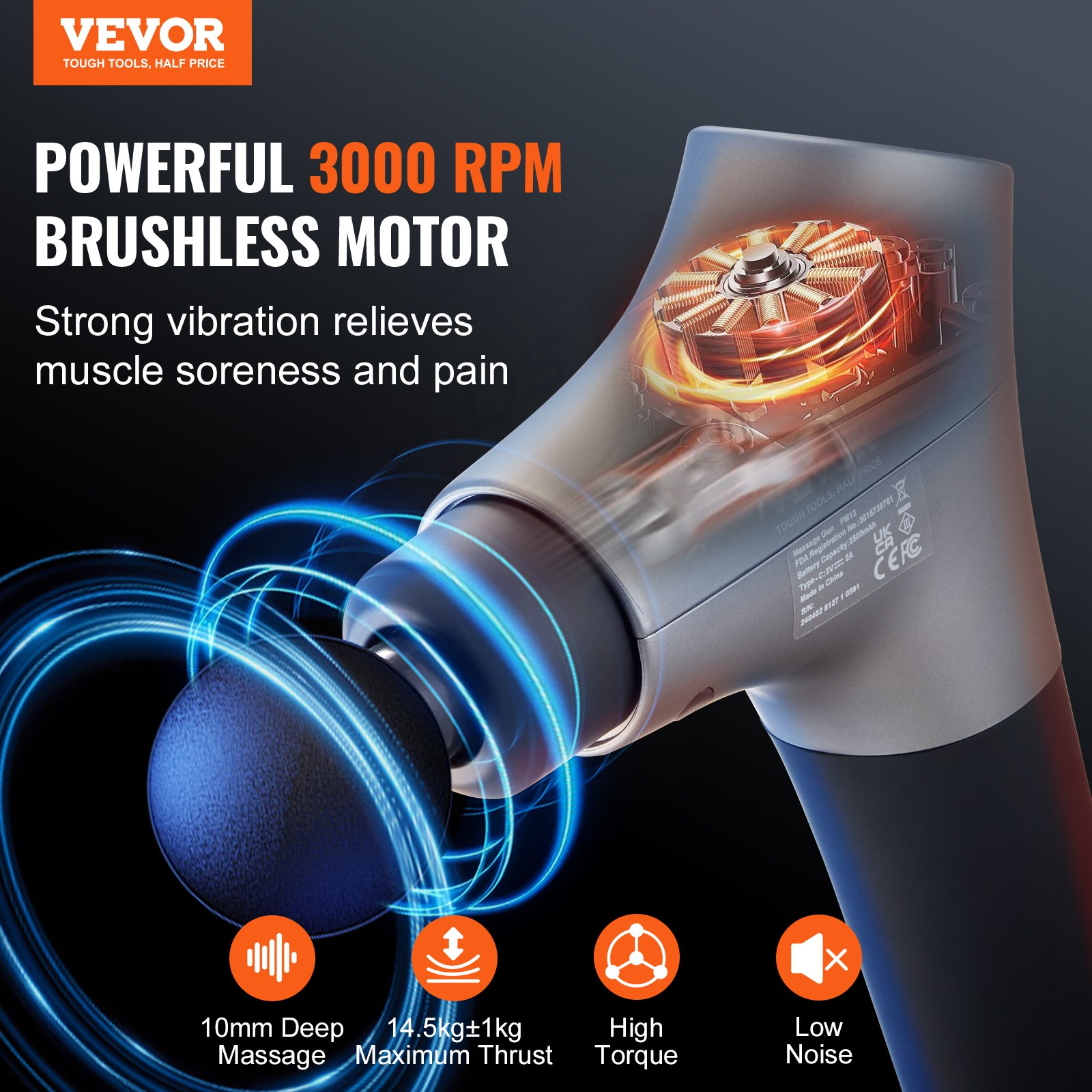 VEVOR Massage Gun Deep Tissue, Percussion Muscle Massager for Athletes - with 6 Speed Levels & 4 Massage Heads, 12V 2500mAh Batteries, Handheld Electric Massage Gun for Pain Relief, Muscle Relaxation