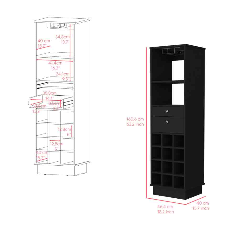 Bar Cabinet Bureck, Two Drawers, Twelve Wine Cubbies, Black Wengue Finish