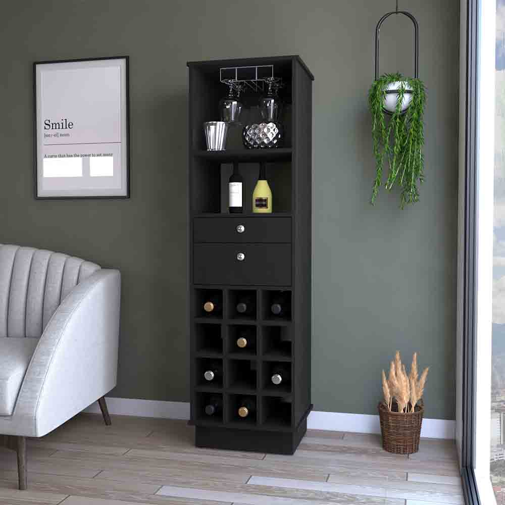 Bar Cabinet Bureck, Two Drawers, Twelve Wine Cubbies, Black Wengue Finish