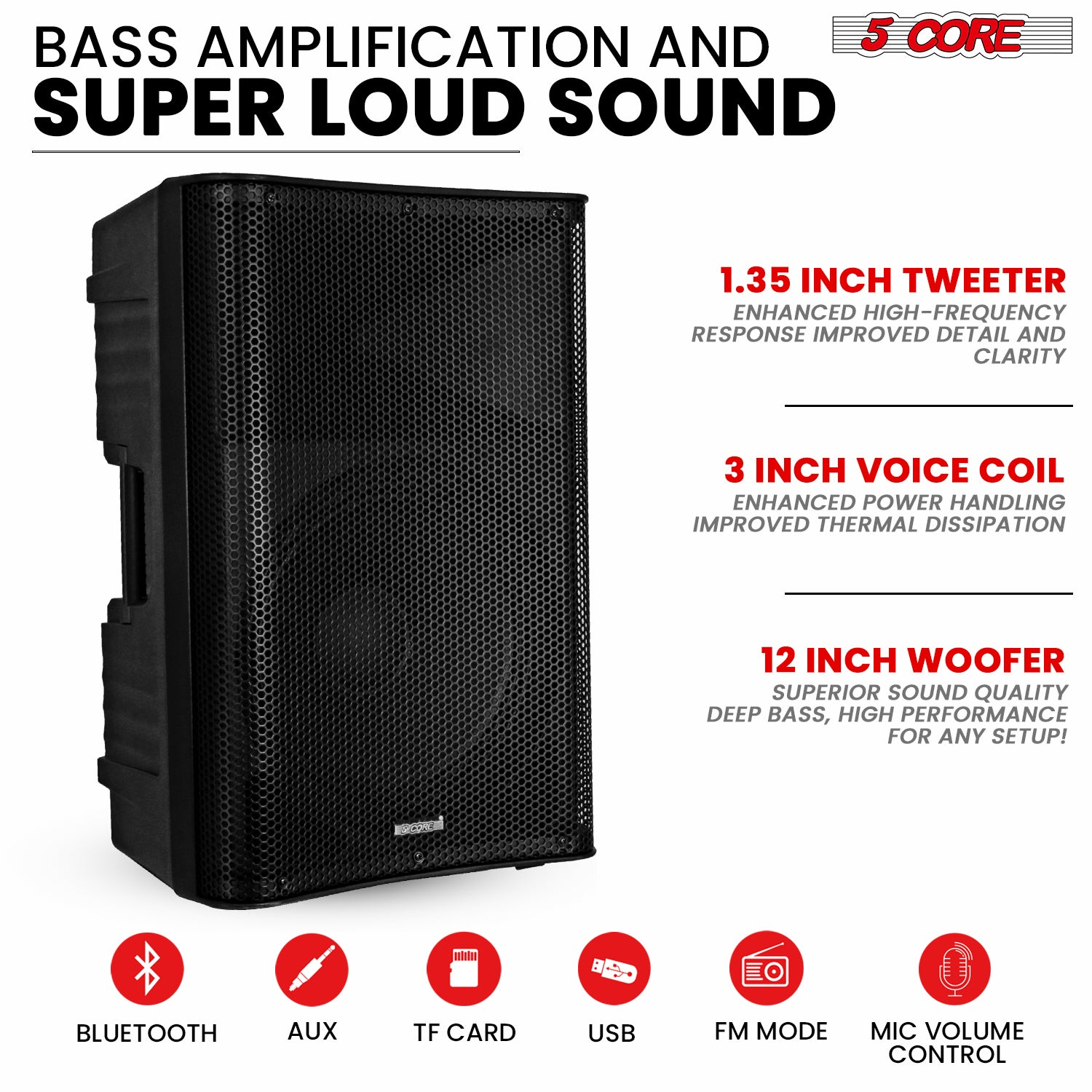 5Core DJ Bluetooth Party Speaker 12 inch Karaoke PA System + 2 Wireless Microphone