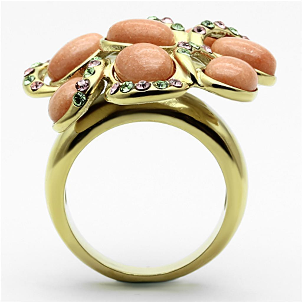 Gold (Ion Plating) Stainless Steel Ring with Synthetic Coral in Orange