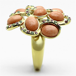 Gold (Ion Plating) Stainless Steel Ring with Synthetic Coral in Orange