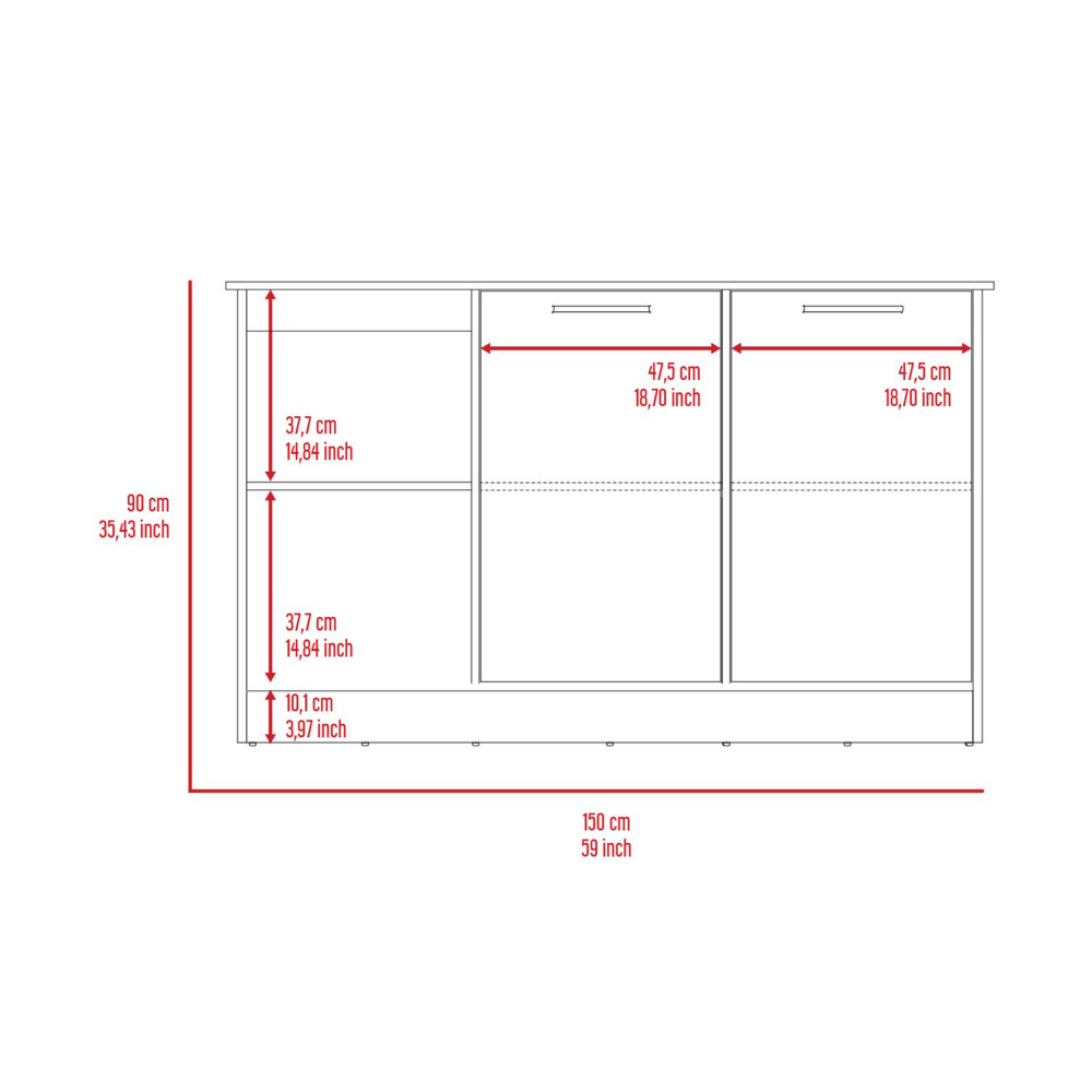 Coral Kitchen Island, Two Cabinets, Four Open Shelves