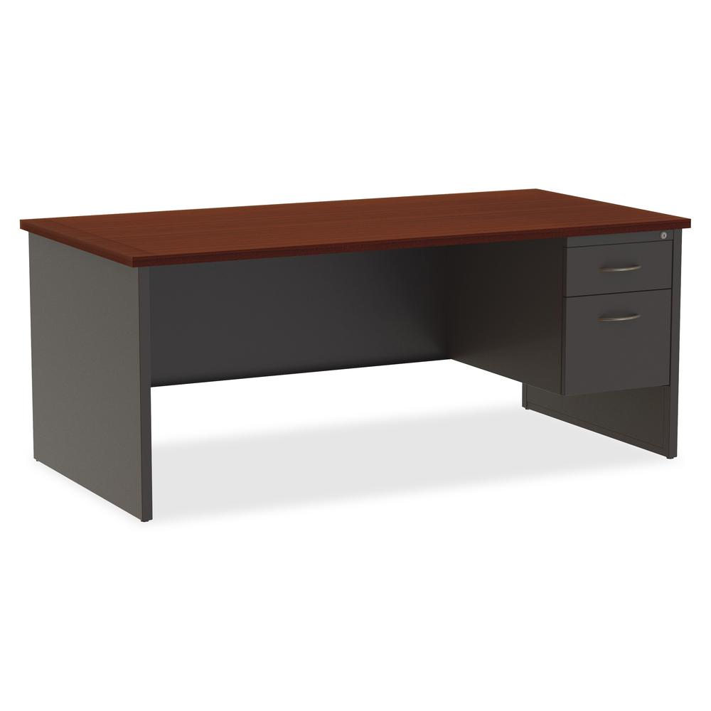 Lorell Mahogany Laminate/Charcoal Modular Desk Series Pedestal Desk - 2-Drawer - 72" x 36" , 1.1" Top - 2 x Box Drawer(s), File Drawer(s) - Single Pedestal on Right Side - Material: Steel - Finish: Ma