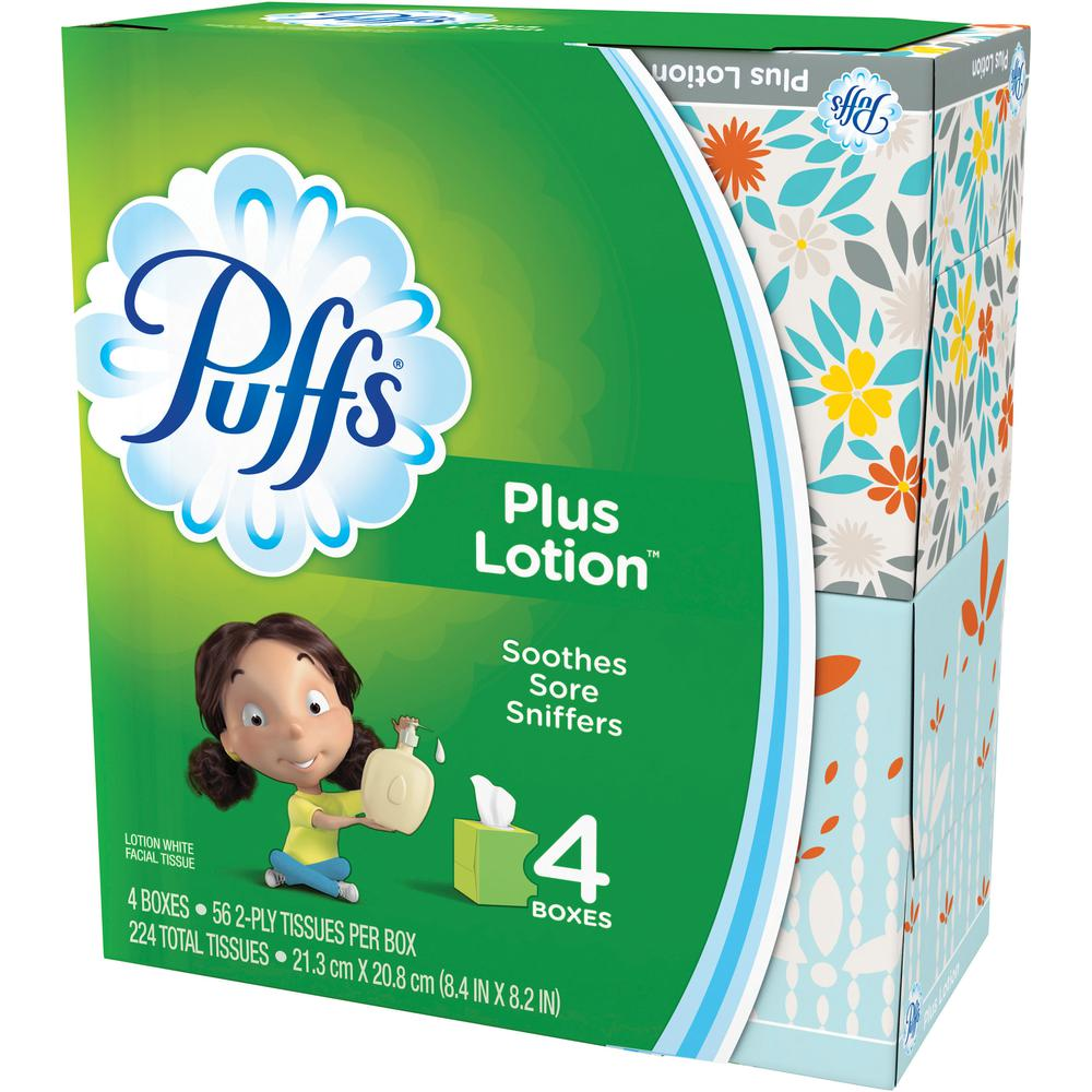 Puffs Plus Lotion Facial Tissues - 2 Ply - White - Soft, Strong - For Face, Skin, Multipurpose - 56 Per Box - 4 / Pack