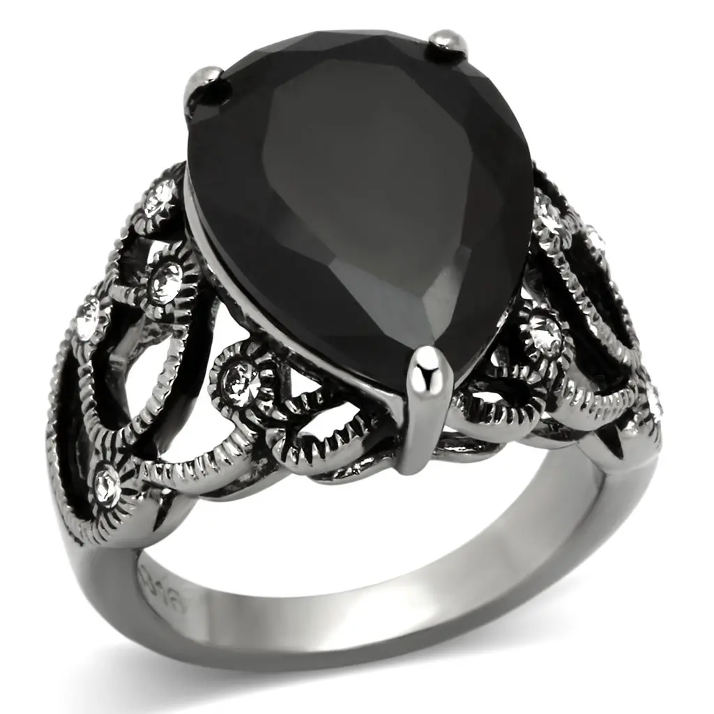 High polished (no plating) Stainless Steel Ring with AAA Grade CZ  in Jet