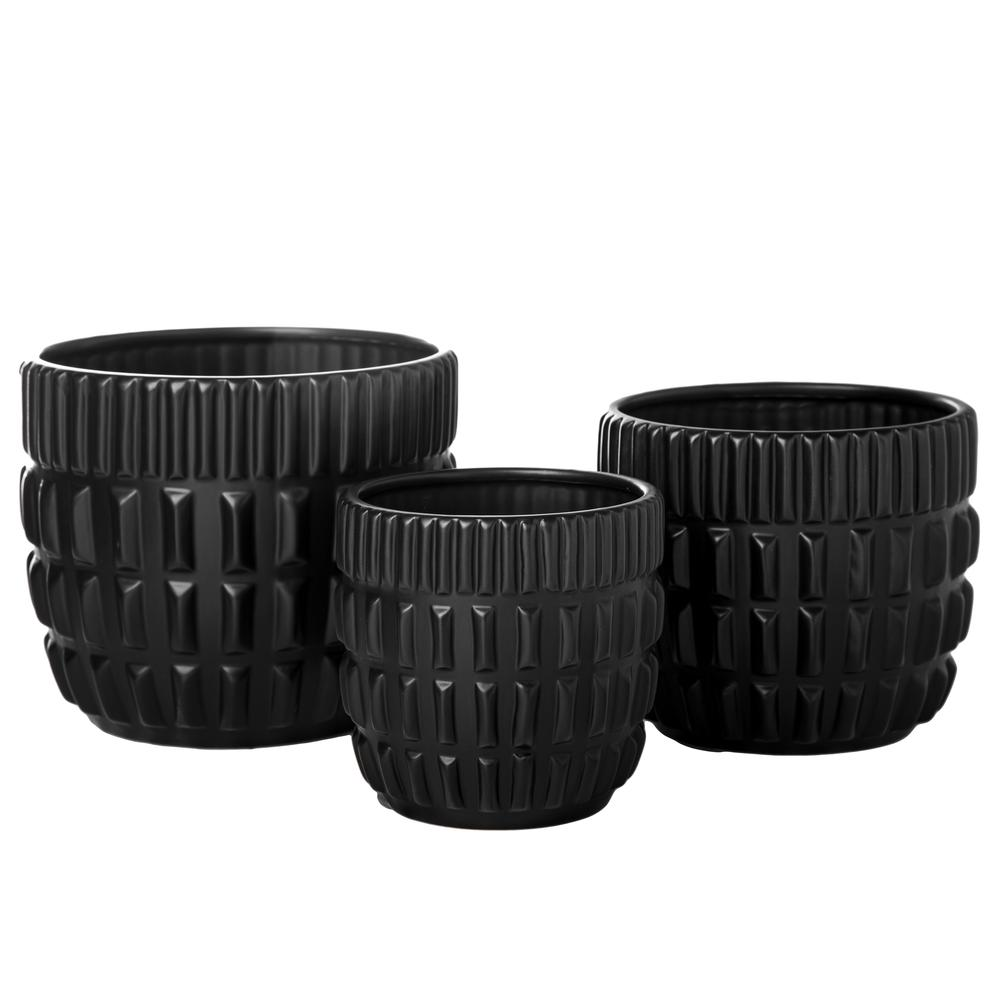 Ceramic Round Pot with Banded Top and Embossed Broken Line Pattern Design Body and Tapered Bottom Set of Three Matte Finish Black