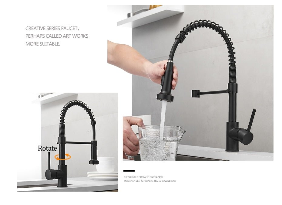 Black Kitchen Faucets  Brass Faucets for Kitchen Sink  Single Lever Pull Out Spring Spout Mixers Tap Hot Cold Water Crane