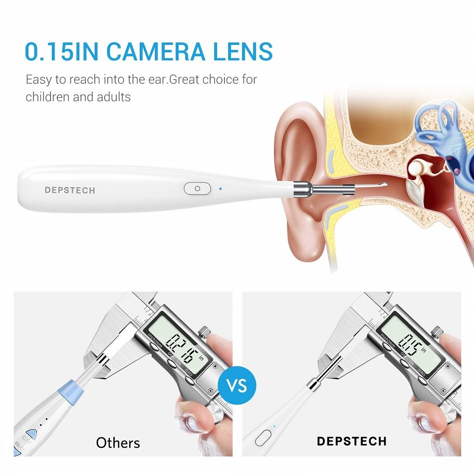 Upgraded 3.9mm Wireless Otoscope Ultra-Thin WiFi HD Ear Inspection Camera Ear Endoscope with 6 Adjustable LED Lights iOS Android