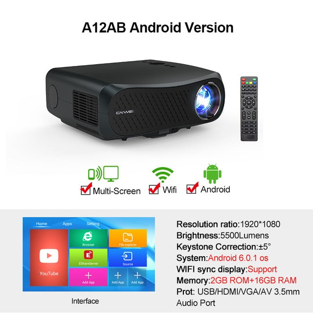 Full HD Projector A12 1920x1080P Android 6.0 (2G+16G) WIFI LED MINI Projector Home Cinema HDMI 3D Video Beamer for 4K