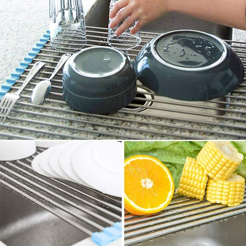 Dish Drying Rack Stainless Steel Drain Stand Roll Up Kitchen Sink Dish Drying Mat Foldable Drained Plates Mat Kitchen Supplies