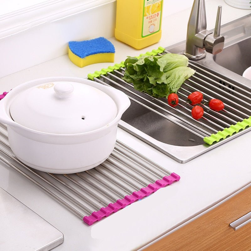 Dish Drying Rack Stainless Steel Drain Stand Roll Up Kitchen Sink Dish Drying Mat Foldable Drained Plates Mat Kitchen Supplies