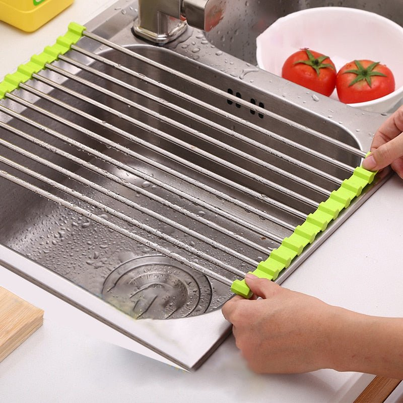 Dish Drying Rack Stainless Steel Drain Stand Roll Up Kitchen Sink Dish Drying Mat Foldable Drained Plates Mat Kitchen Supplies