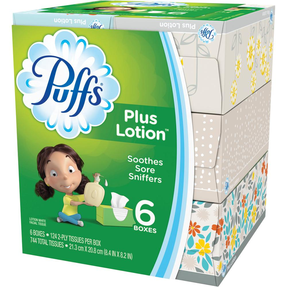 Puffs Plus Lotion Facial Tissue - 2 Ply - 8.20" x 8.40" - White - Soft, Durable - For Office Building, School, Hospital, Face - 6 / Pack