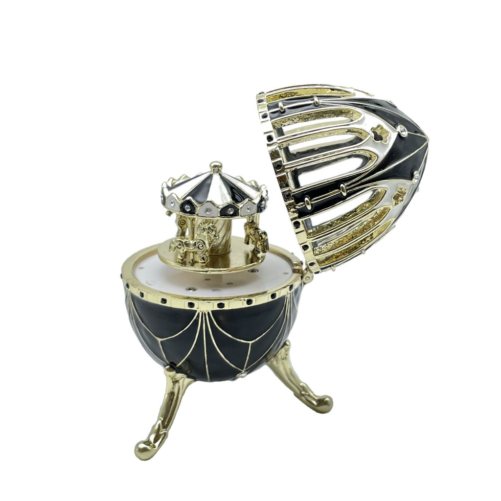 Black and Gold Faberge Egg with Horse Carousel Surprise Inside