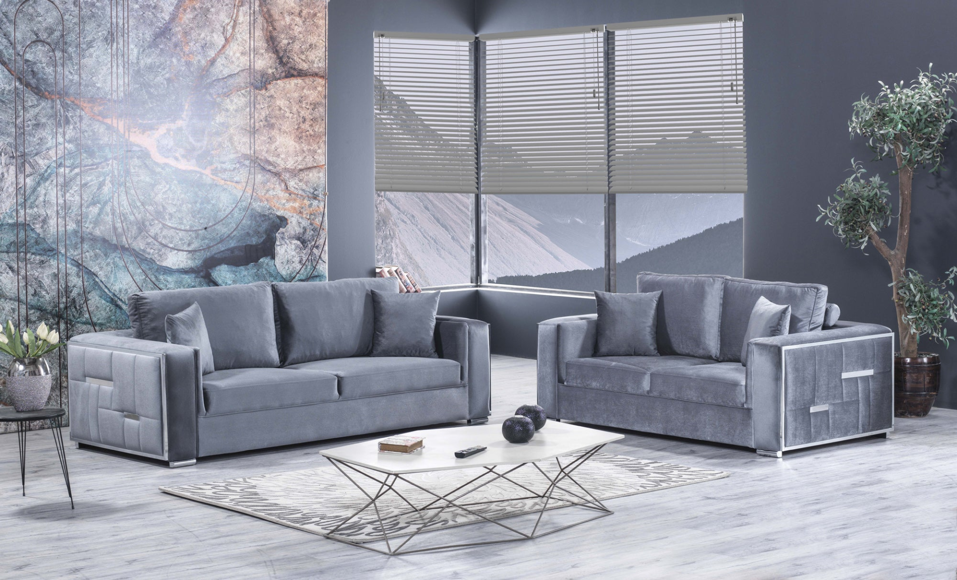 Regina Silver Gray Velvet Living Room Set